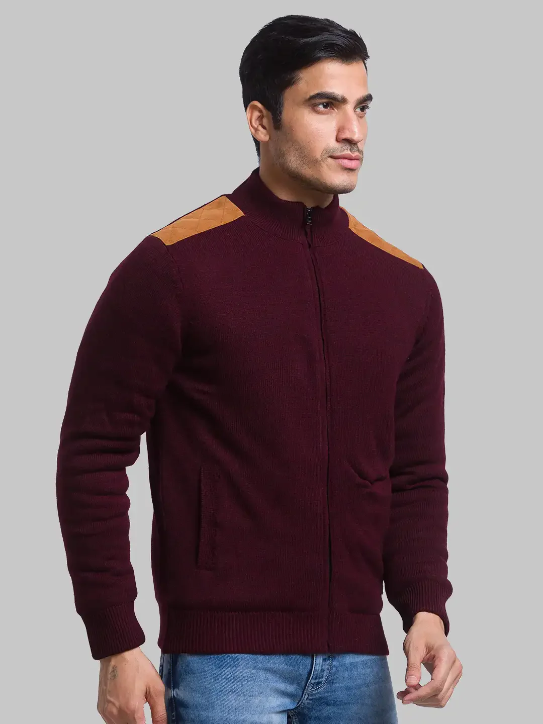 Men Maroon Solid Acrylic Full Sleeve Sweaters - Image 2