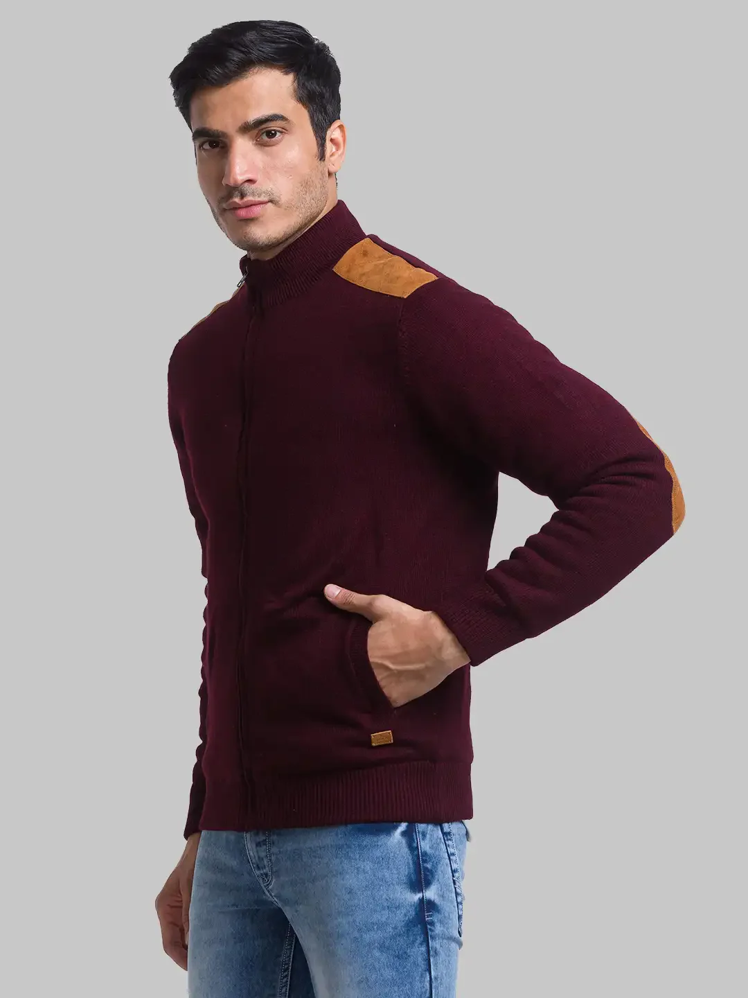 Men Maroon Solid Acrylic Full Sleeve Sweaters - Image 3