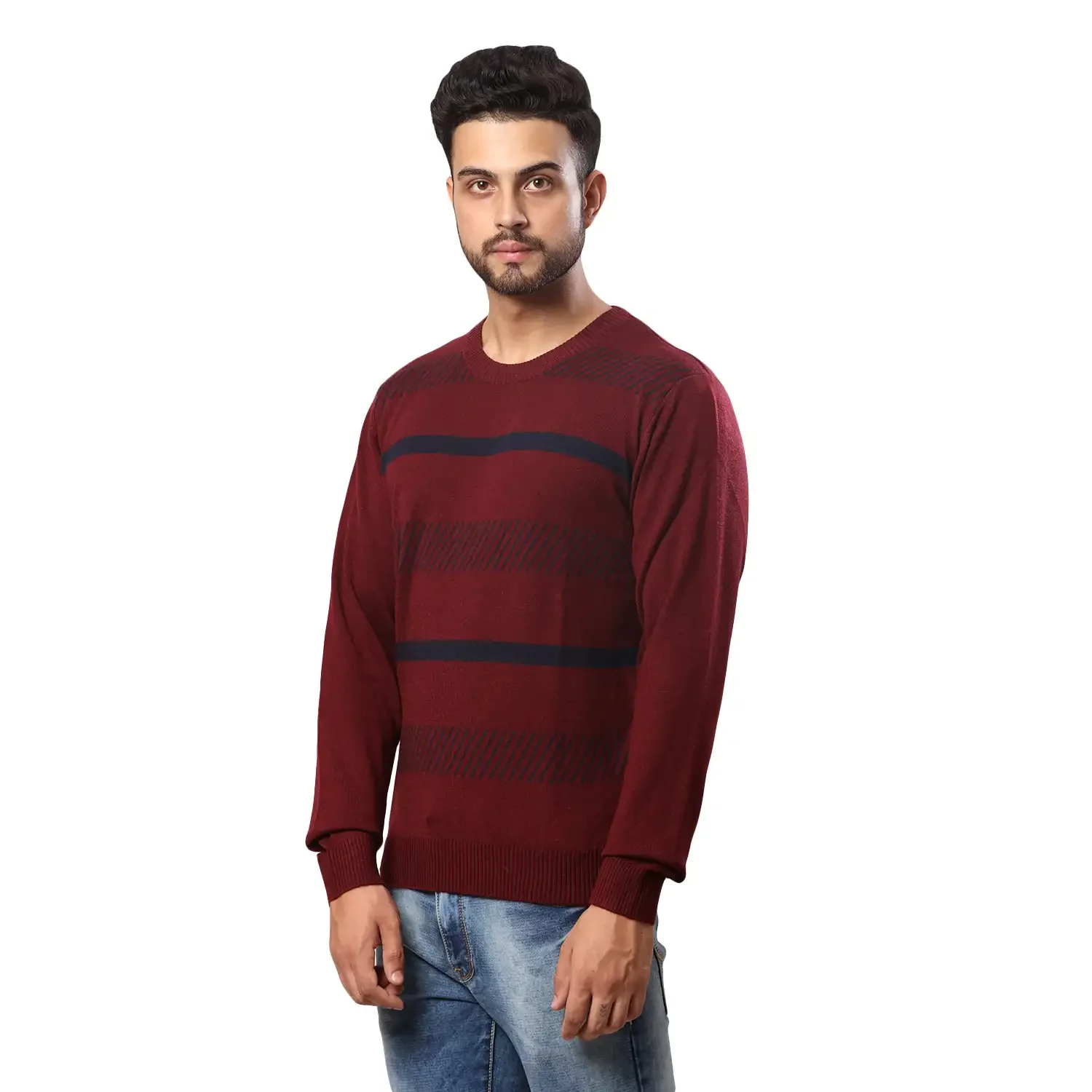 Men Maroon Stripe Acrylic Wool Blend Round Collar Sweaters - Image 3
