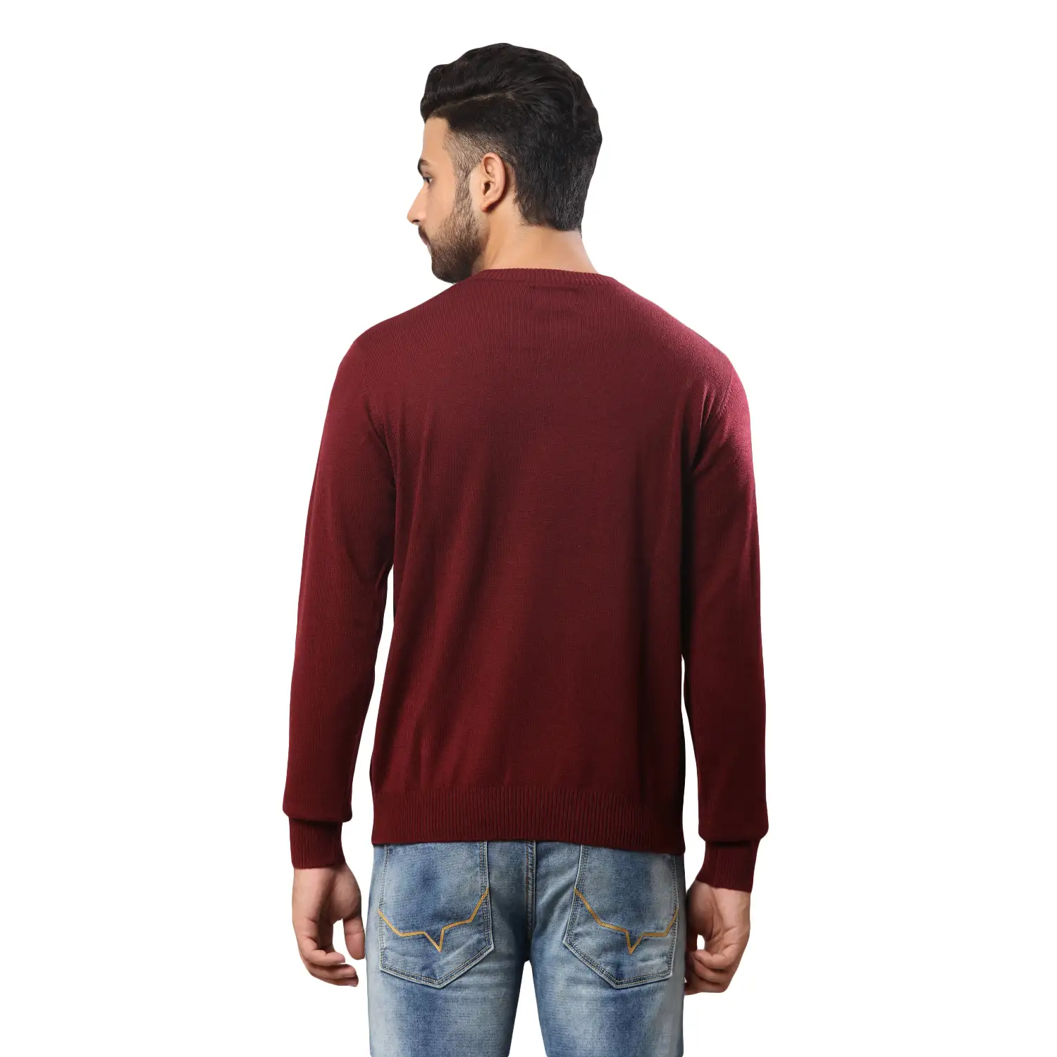Men Maroon Stripe Acrylic Wool Blend Round Collar Sweaters - Image 4