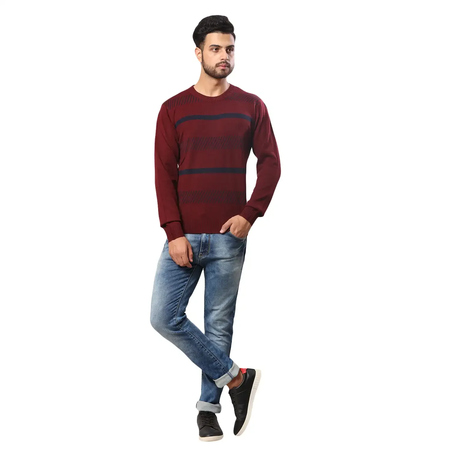 Men Maroon Stripe Acrylic Wool Blend Round Collar Sweaters - Image 5