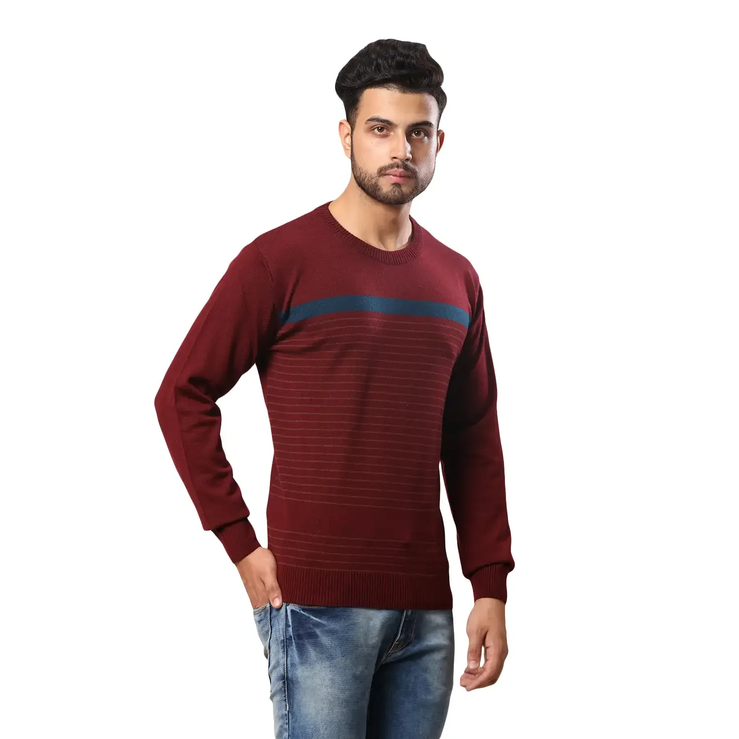Men Maroon Stripe Acrylic Wool Blend Round Collar Sweaters - Image 2