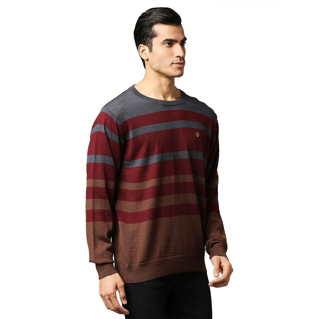 Men Maroon Stripe Acrylic Wool Blend Round Collar Sweaters - Image 2