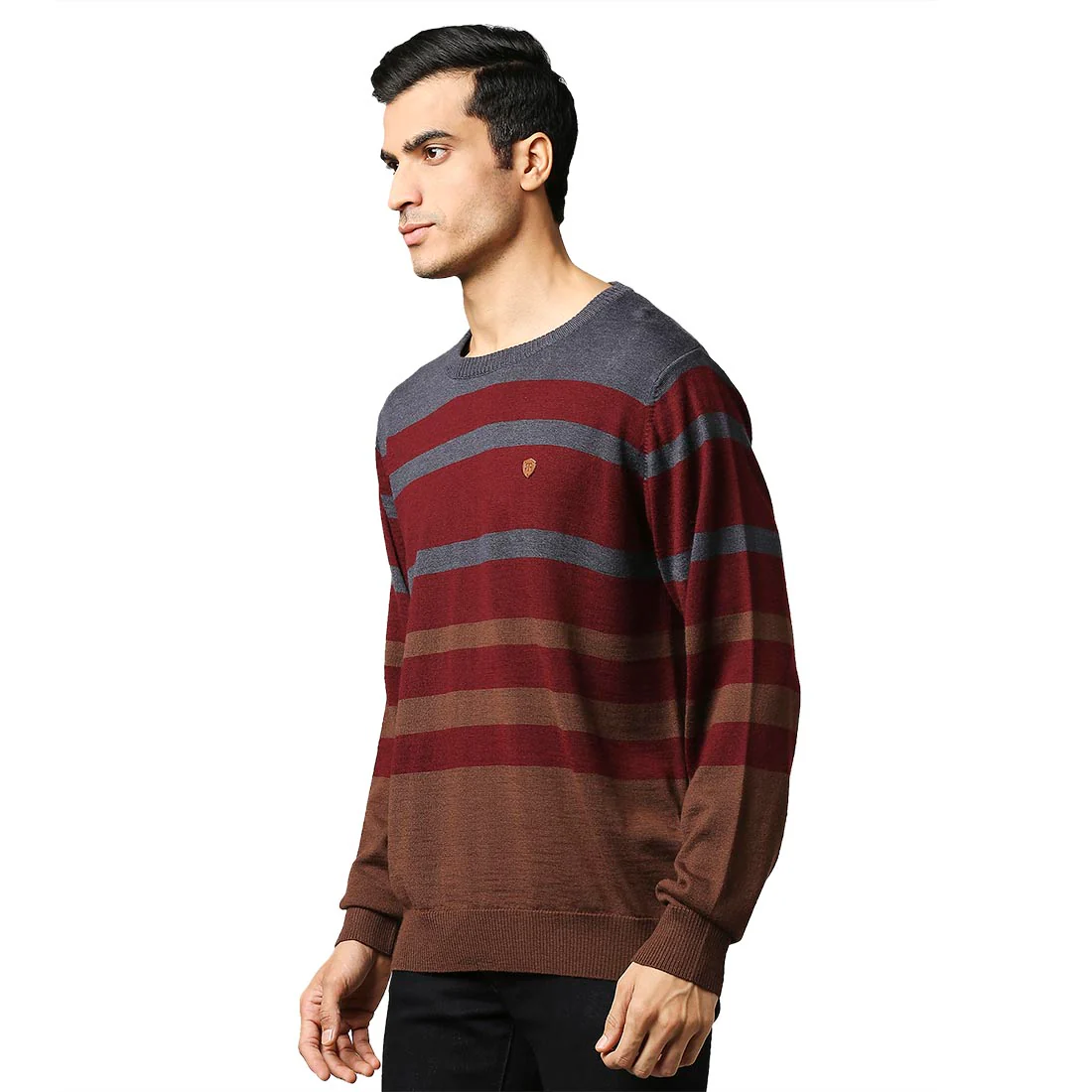 Men Maroon Stripe Acrylic Wool Blend Round Collar Sweaters - Image 3