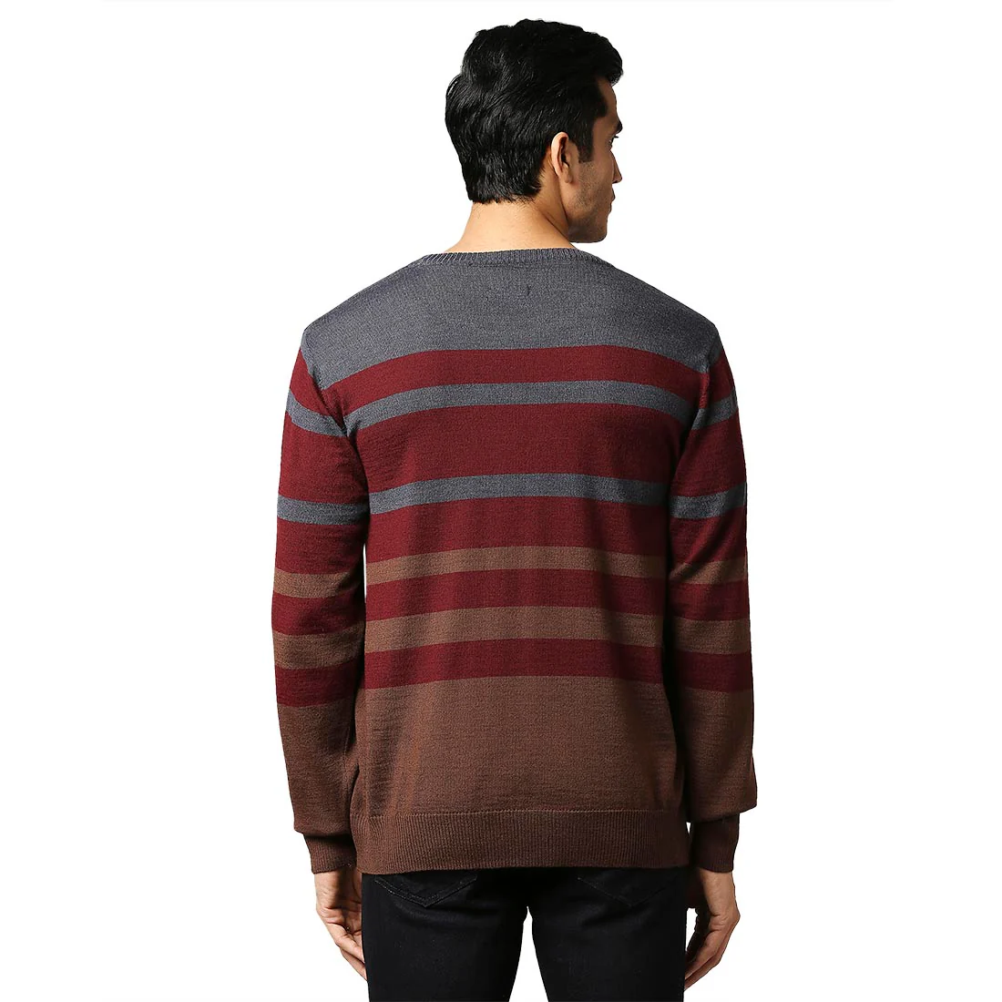 Men Maroon Stripe Acrylic Wool Blend Round Collar Sweaters - Image 4