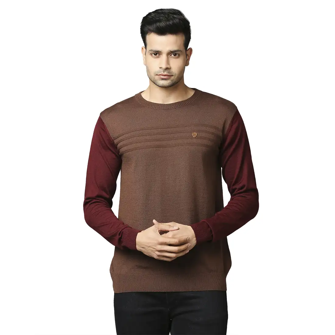 Men Maroon Stripe Acrylic Wool Blend Round Collar Sweaters