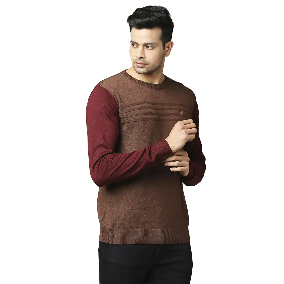 Men Maroon Stripe Acrylic Wool Blend Round Collar Sweaters - Image 2