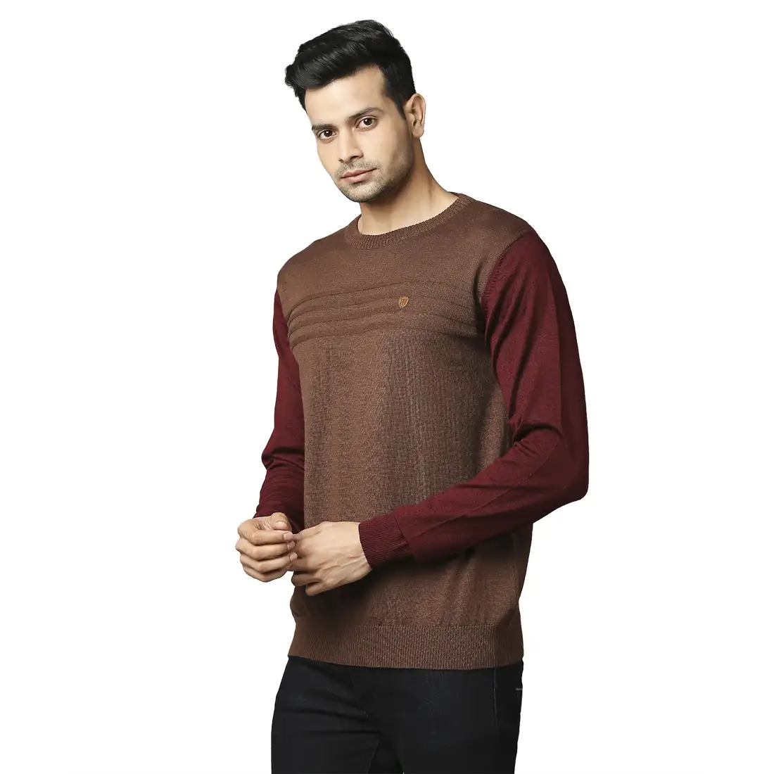 Men Maroon Stripe Acrylic Wool Blend Round Collar Sweaters - Image 3