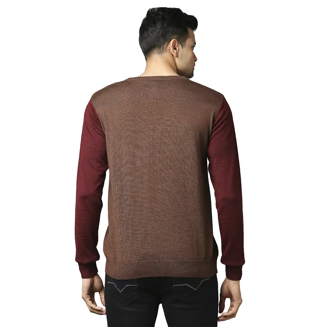 Men Maroon Stripe Acrylic Wool Blend Round Collar Sweaters - Image 4