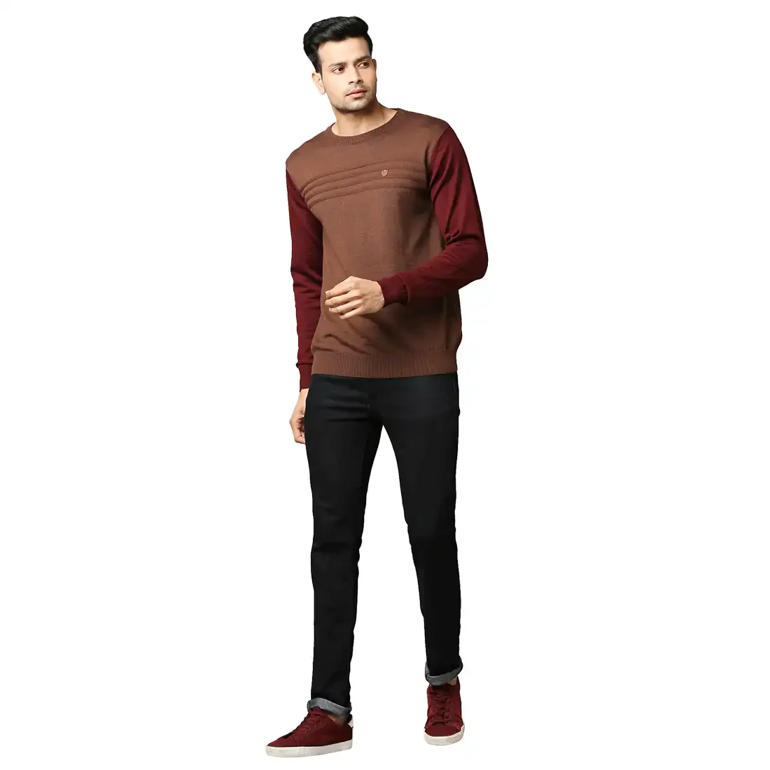 Men Maroon Stripe Acrylic Wool Blend Round Collar Sweaters - Image 5