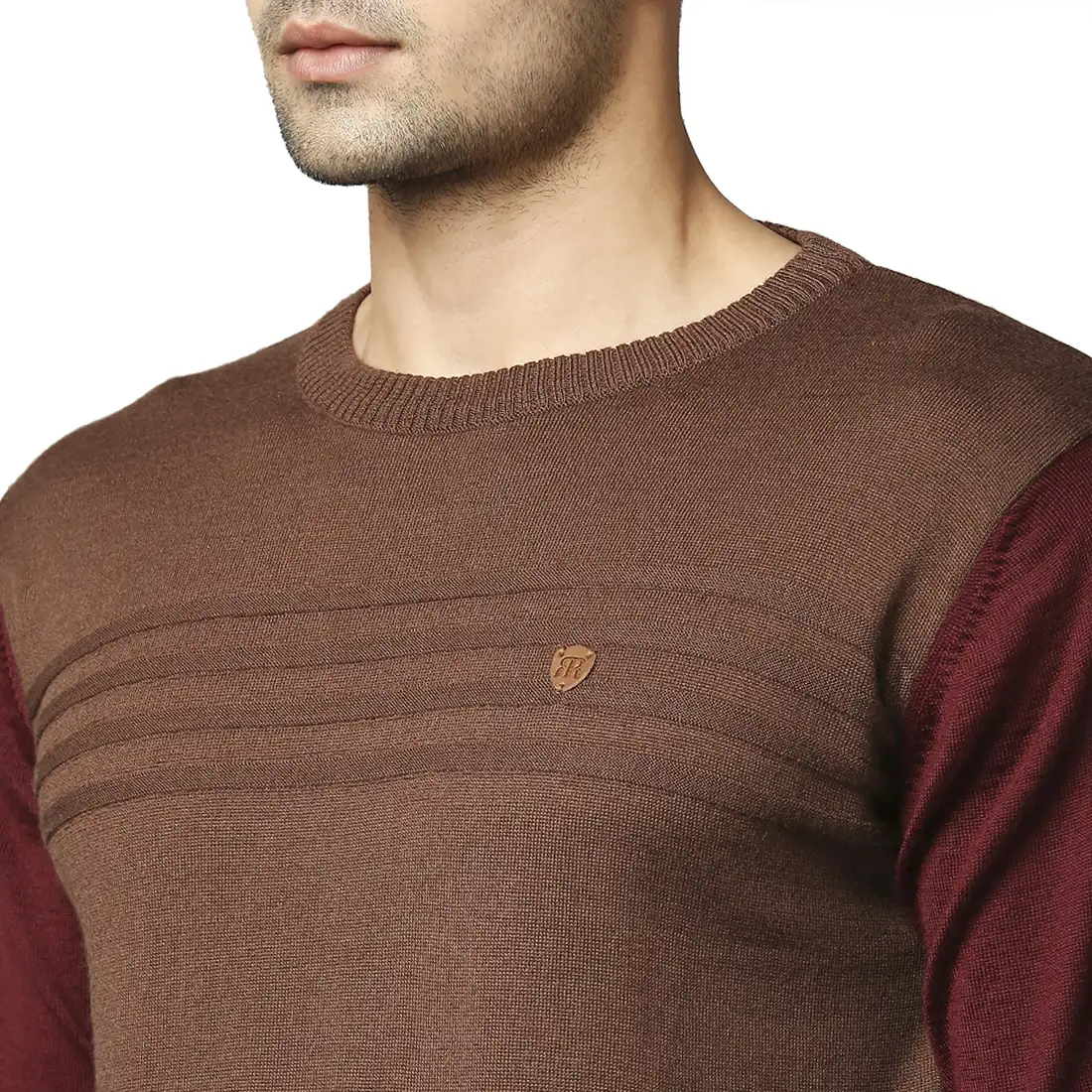 Men Maroon Stripe Acrylic Wool Blend Round Collar Sweaters - Image 6