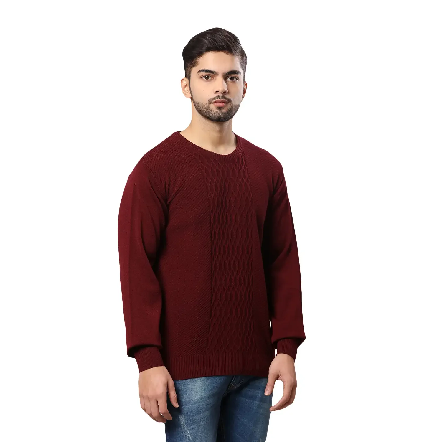 Men Maroon Structure Cable Acrylic Wool Blend Round Collar Sweaters - Image 2