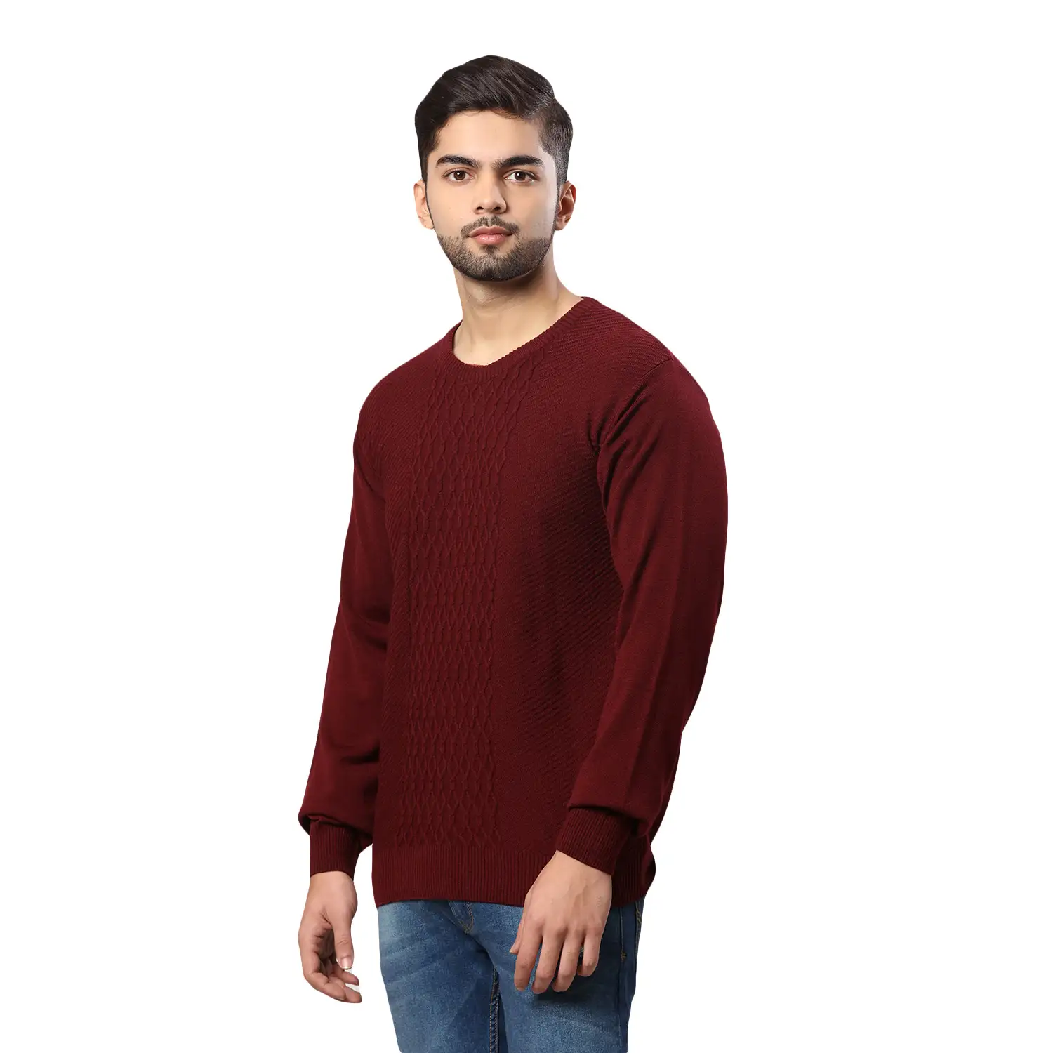 Men Maroon Structure Cable Acrylic Wool Blend Round Collar Sweaters - Image 3