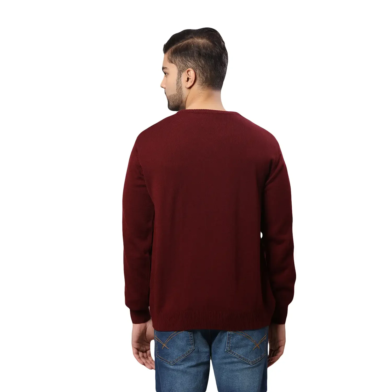 Men Maroon Structure Cable Acrylic Wool Blend Round Collar Sweaters - Image 4