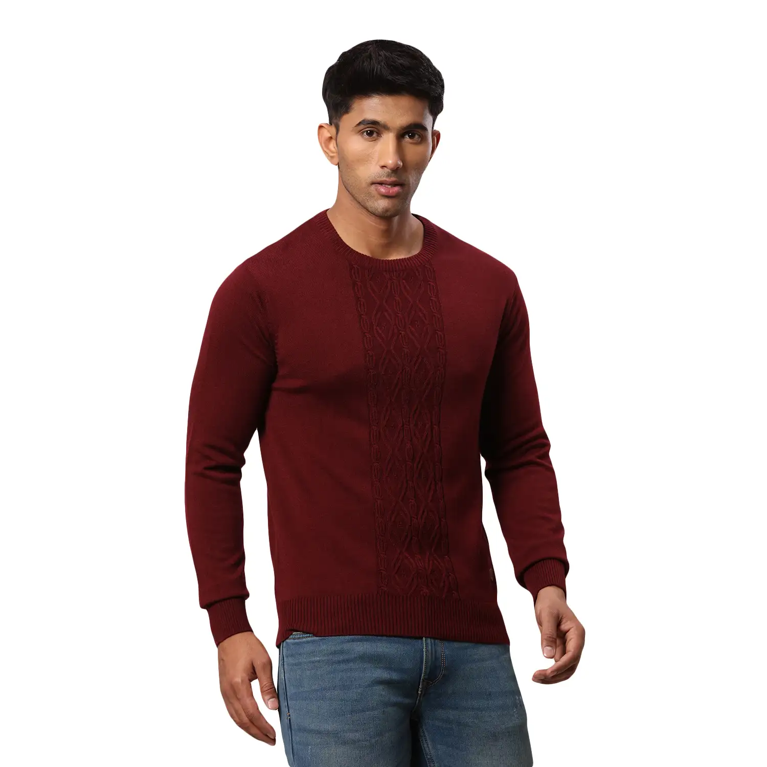 Men Maroon Structure Cable Acrylic Wool Blend Round Collar Sweaters - Image 2