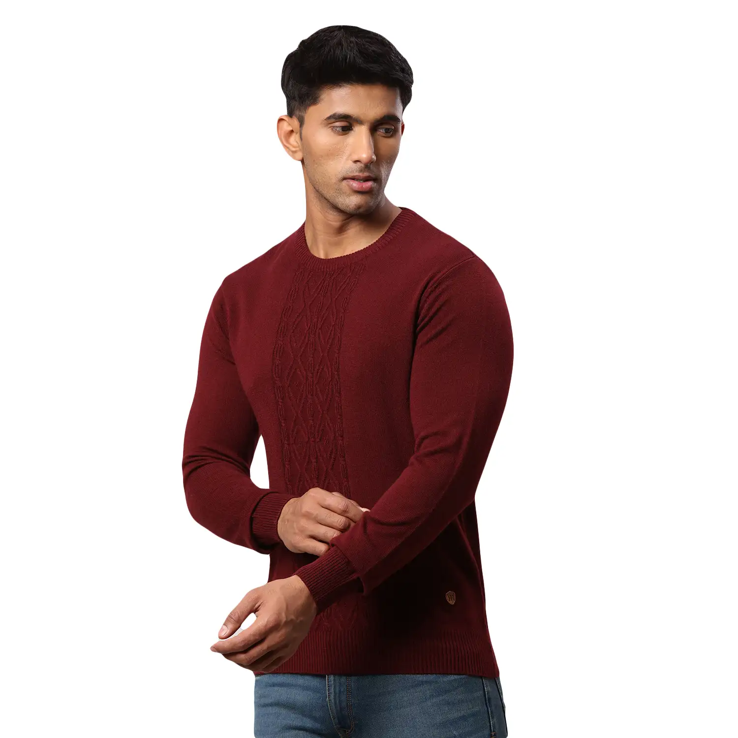 Men Maroon Structure Cable Acrylic Wool Blend Round Collar Sweaters - Image 3