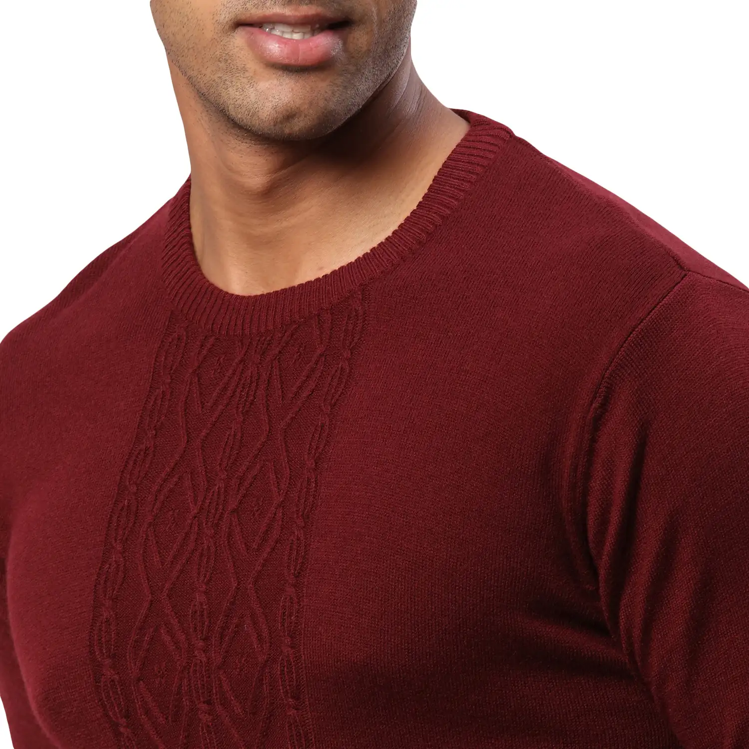 Men Maroon Structure Cable Acrylic Wool Blend Round Collar Sweaters - Image 6