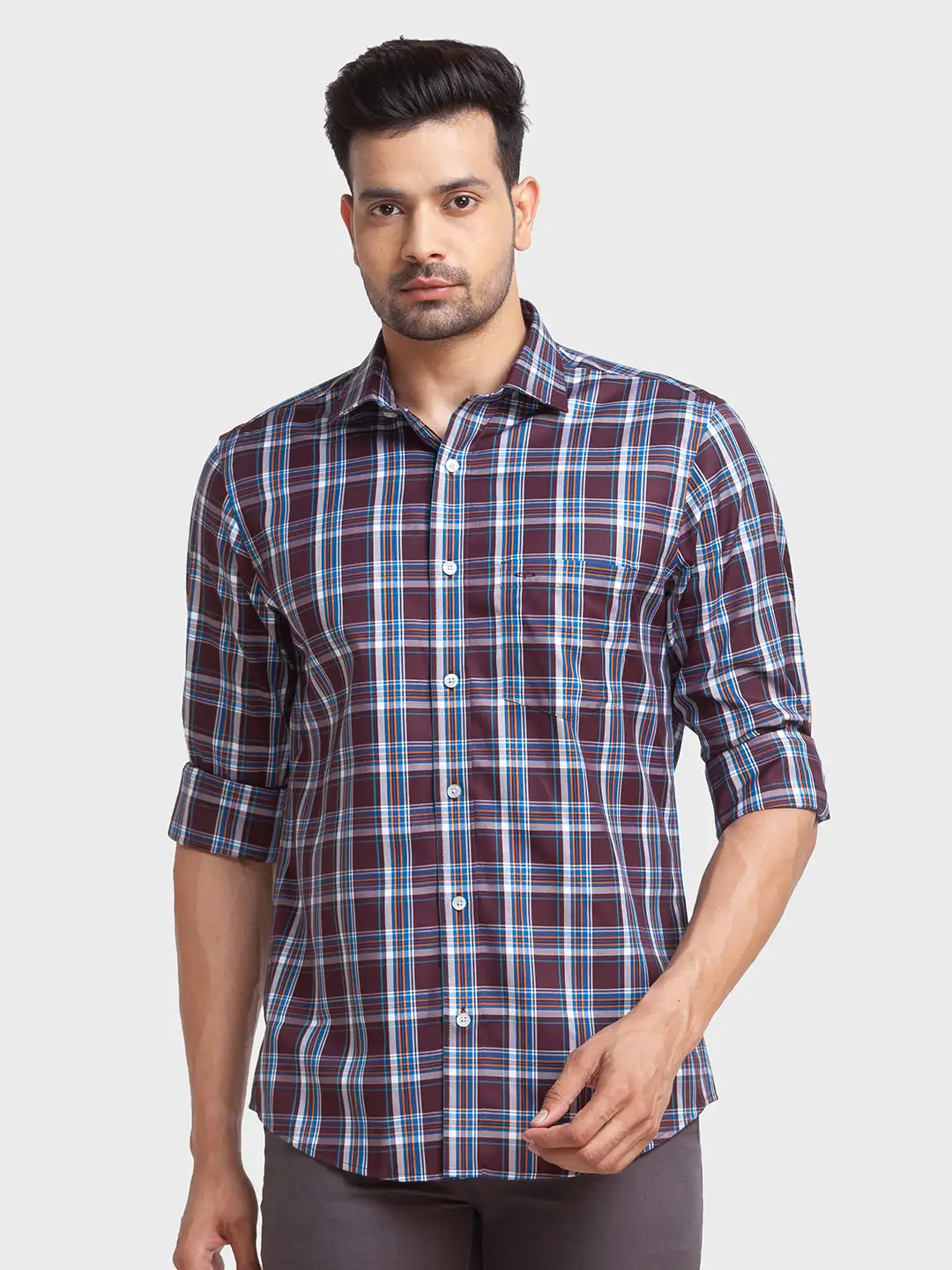 Colorplus Men Blue Checks Tailored Fit Cotton Casual Shirt