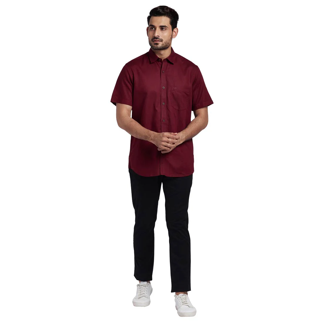 Men Maroon Tailored Fit Solid Cotton Blend Half Sleeve Shirts - Image 5