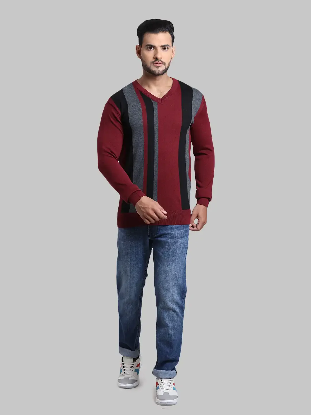 Men Maroon Tailored Fit Stripe Acrylic Wool Blend Full Sleeve V Neck Collar Sweaters - Image 5