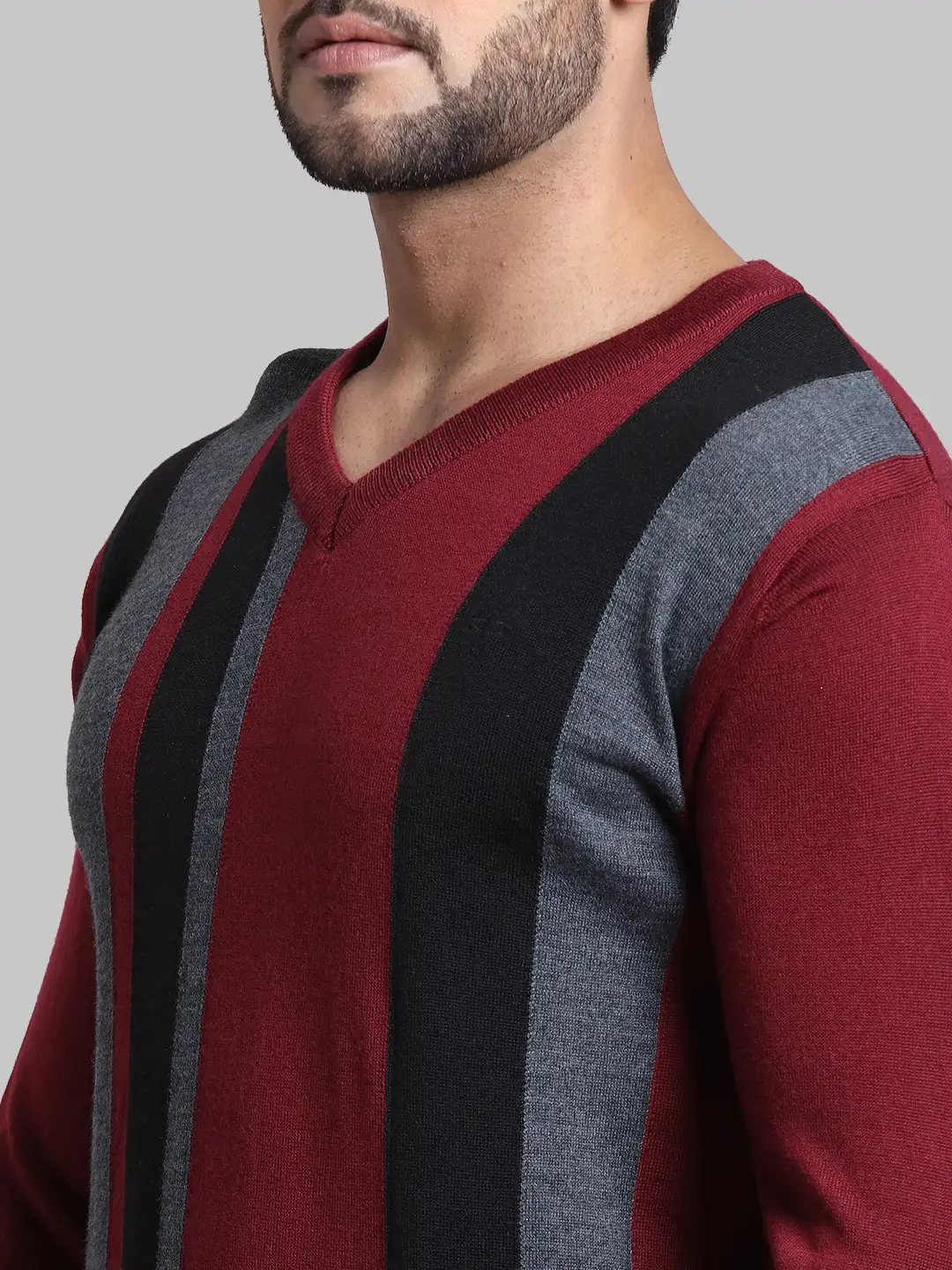 Men Maroon Tailored Fit Stripe Acrylic Wool Blend Full Sleeve V Neck Collar Sweaters - Image 6