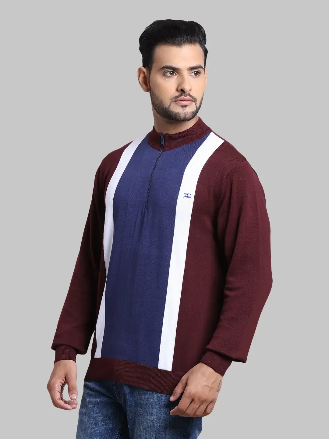 Men Maroon Tailored Fit Stripe Cotton Full Sleeve Henley Neck Collar Sweaters - Image 3