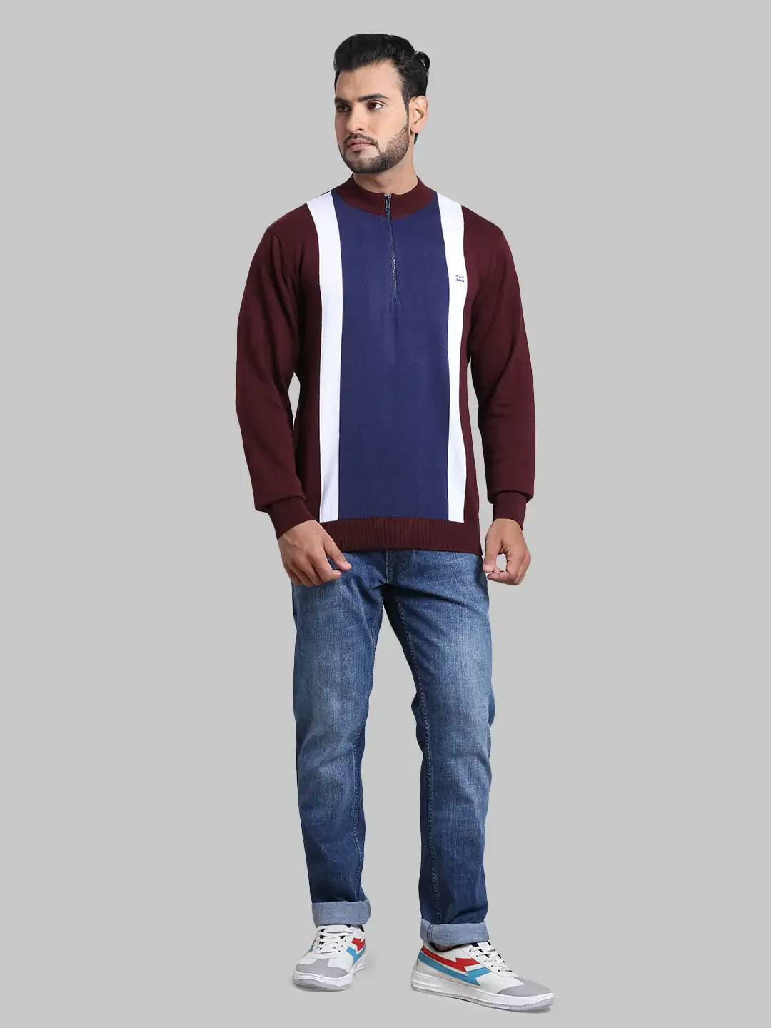 Men Maroon Tailored Fit Stripe Cotton Full Sleeve Henley Neck Collar Sweaters - Image 5