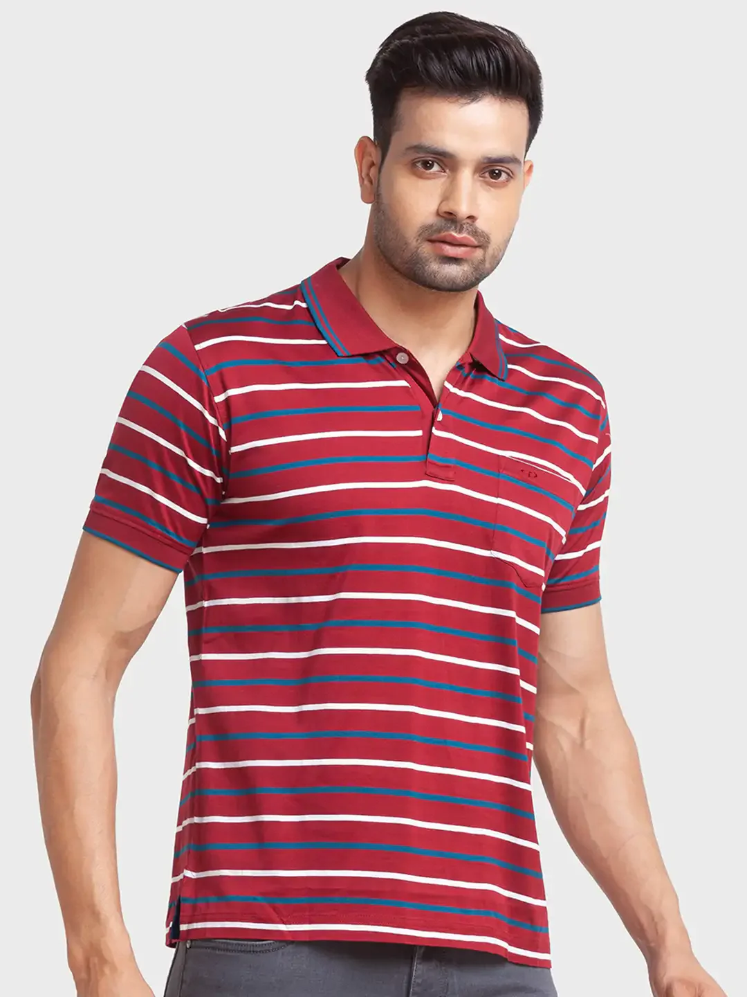 Men Maroon Tailored Fit Stripe Cotton Half Sleeve T-Shirt - Image 2