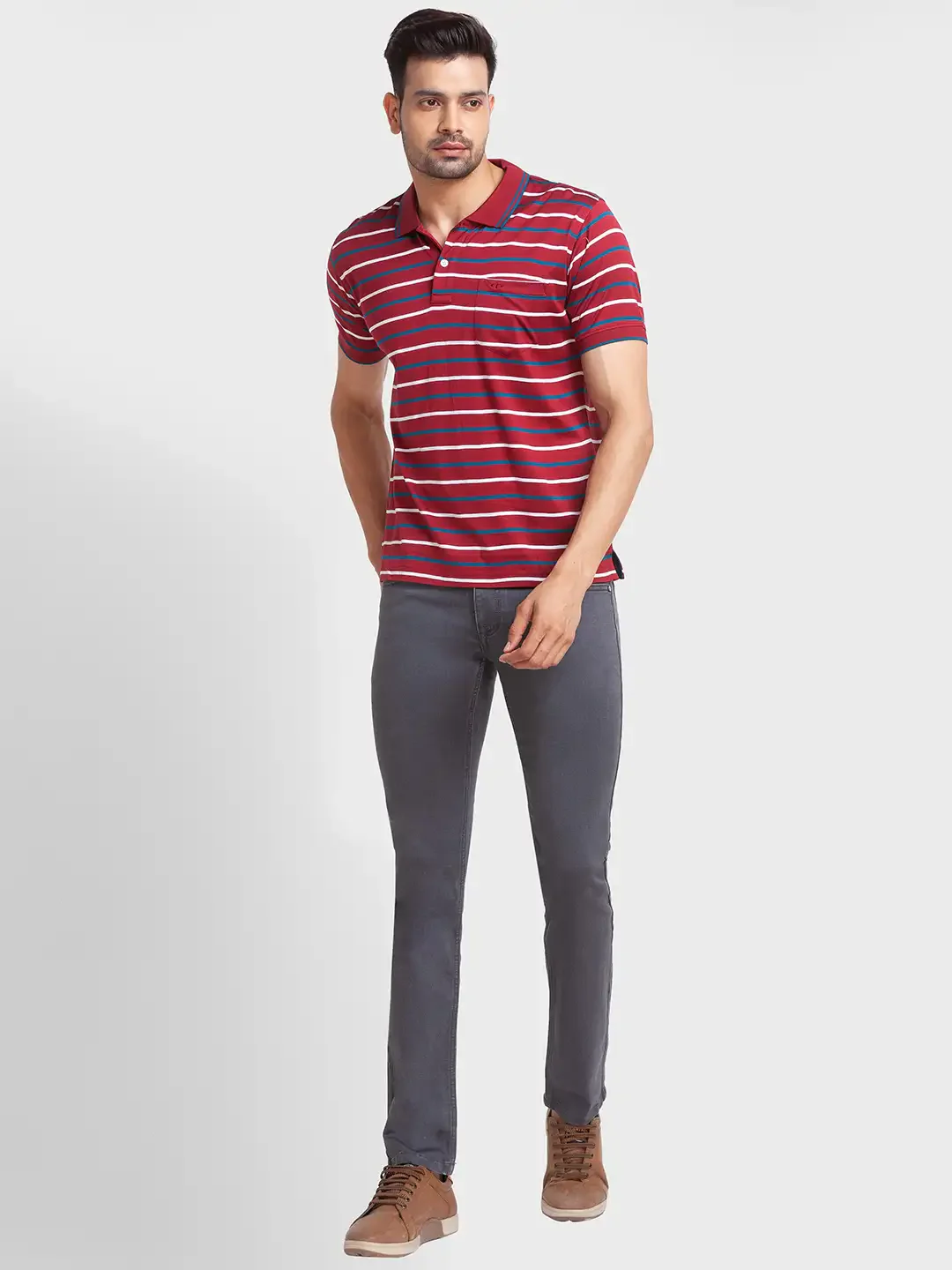 Men Maroon Tailored Fit Stripe Cotton Half Sleeve T-Shirt - Image 5