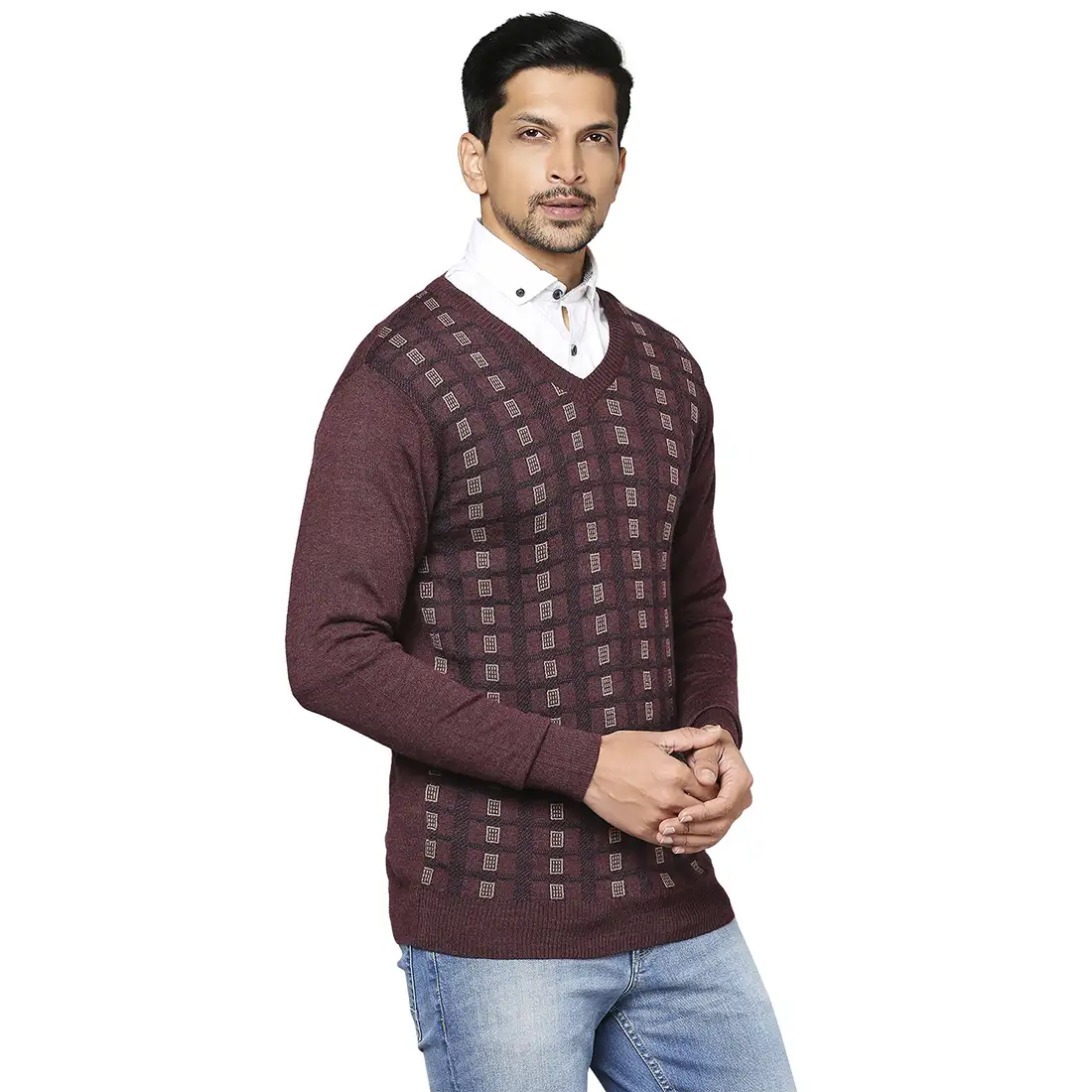 Men Maroon Wrapper Wool Blend Full Sleeve V Neck Collar Sweaters - Image 2