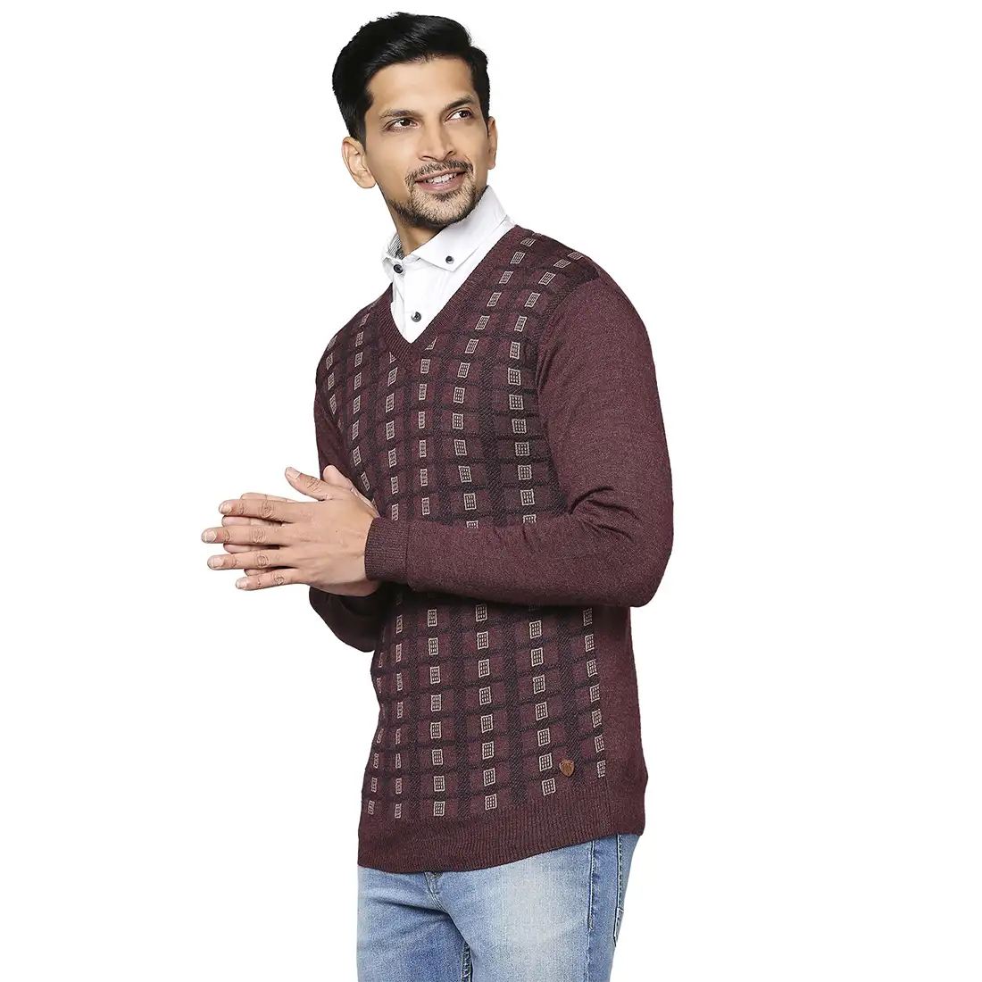 Men Maroon Wrapper Wool Blend Full Sleeve V Neck Collar Sweaters - Image 3
