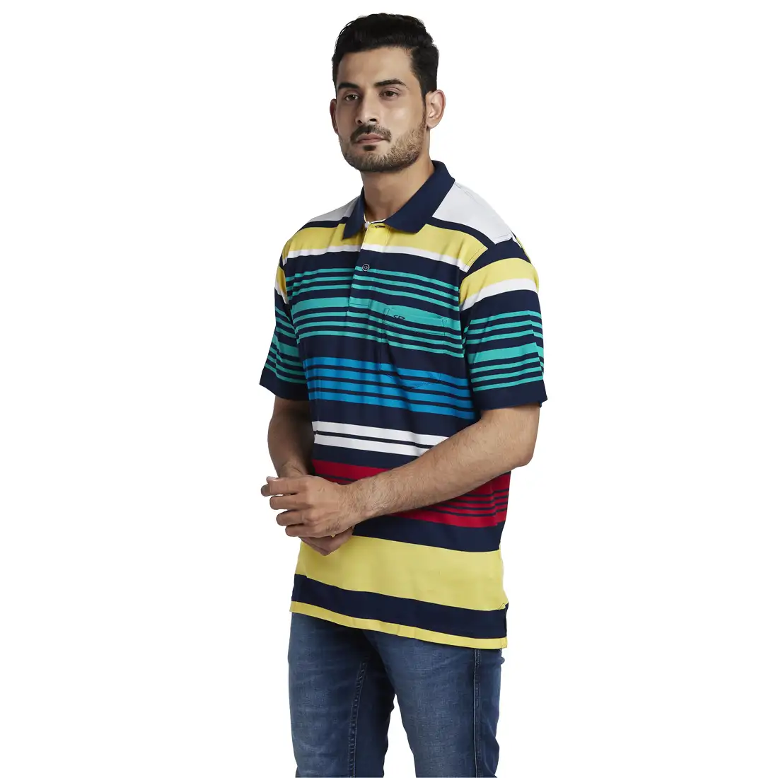 Men Navy Classic Fit Stripe Cotton Half Sleeve T-Shirt - Image 3