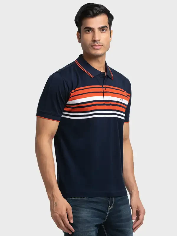 Men Navy Classic Fit Stripe Engineered Cotton Half Sleeve T-Shirt - Image 2