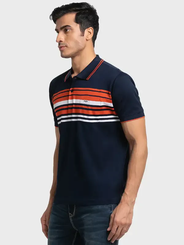Men Navy Classic Fit Stripe Engineered Cotton Half Sleeve T-Shirt - Image 3