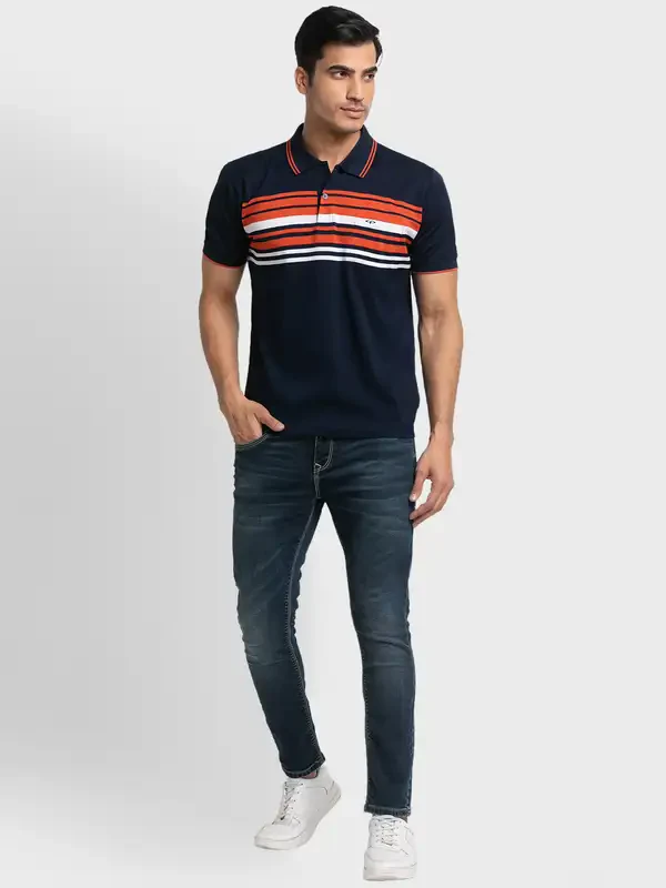 Men Navy Classic Fit Stripe Engineered Cotton Half Sleeve T-Shirt - Image 5