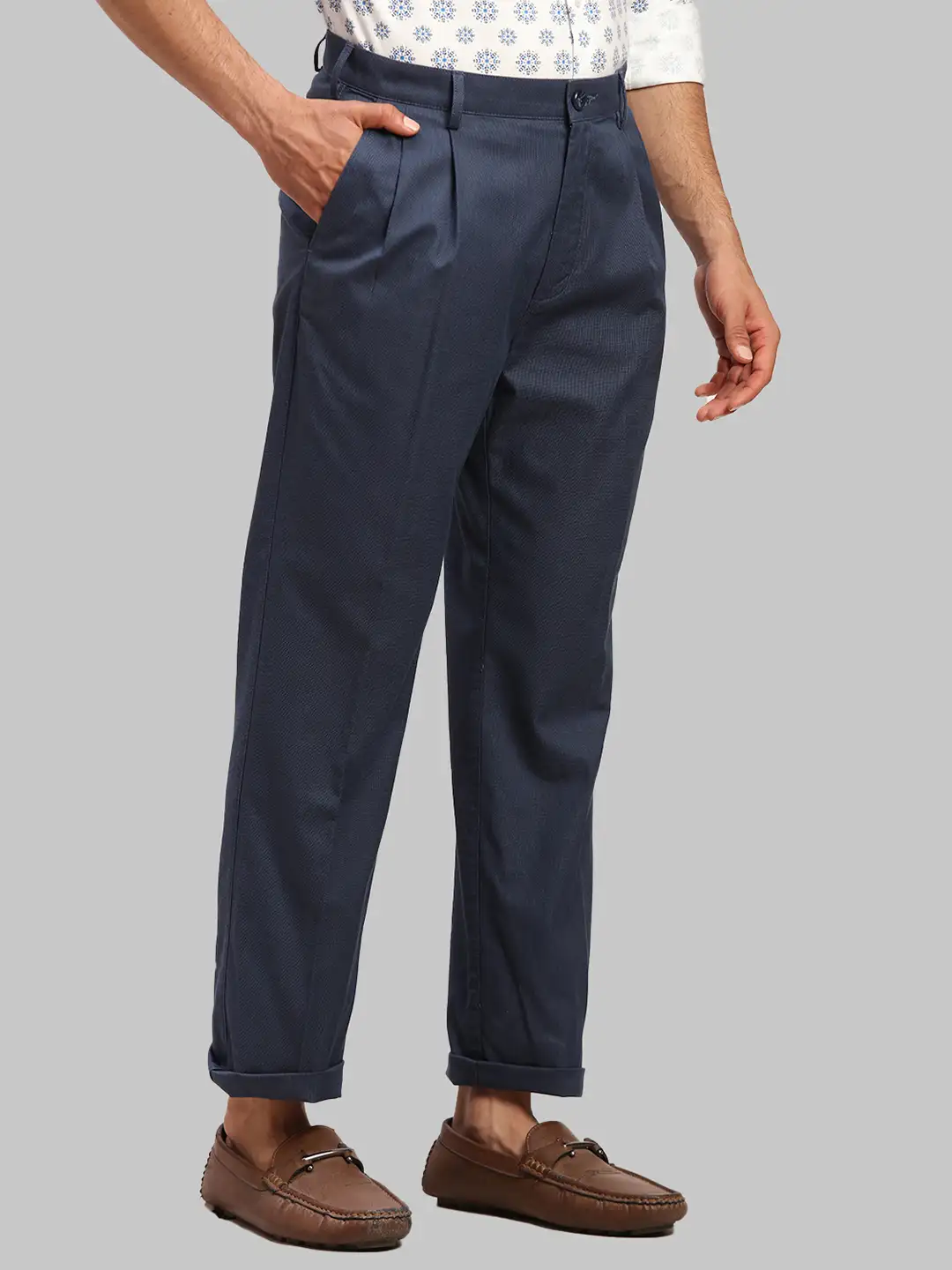 Men Navy Custom Fit Yarn Dyed Cotton Trouser - Image 2