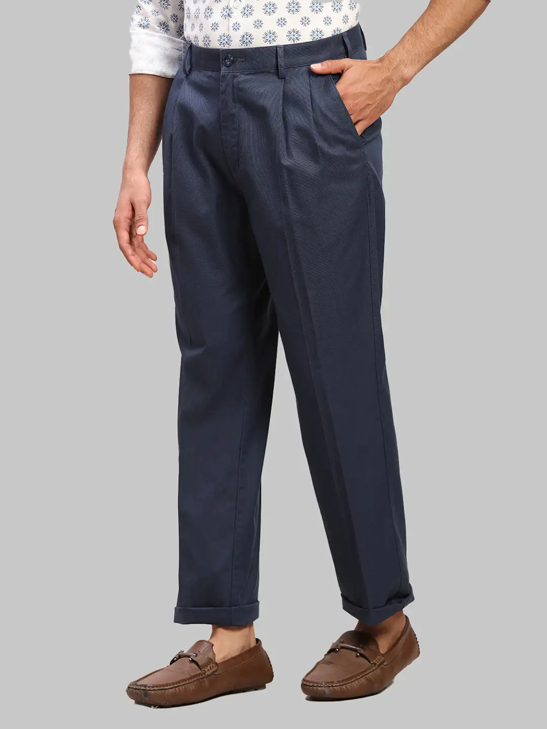 Men Navy Custom Fit Yarn Dyed Cotton Trouser - Image 3