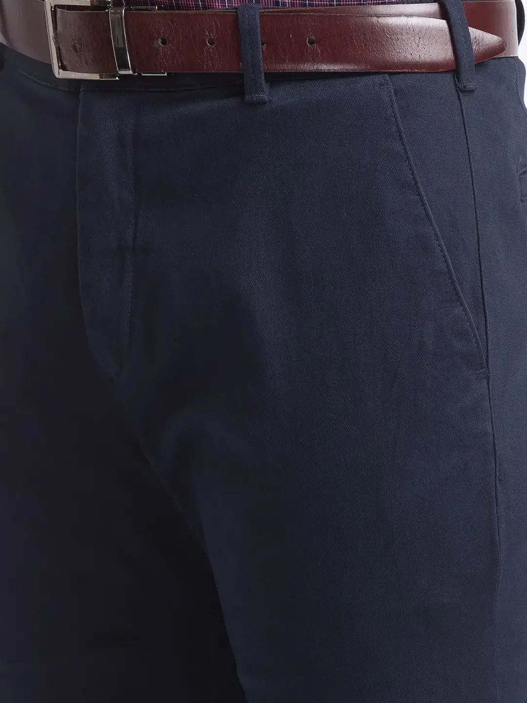 Men Navy Nuvo Fit Solid Piece Dyed Cotton Blend Trouser - Image 6