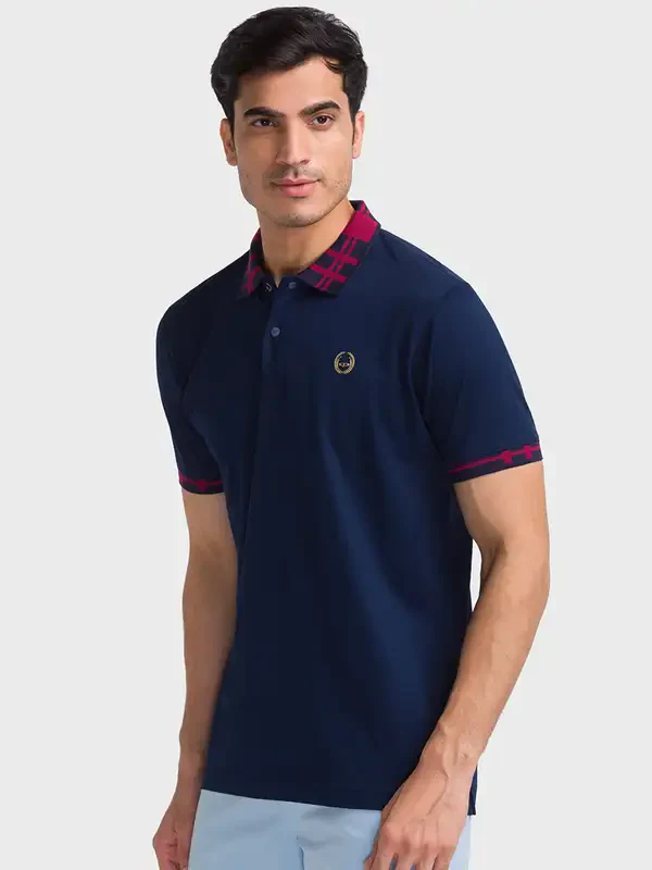 Men Navy Regular Fit Solid Cotton Half Sleeve T-Shirt - Image 3