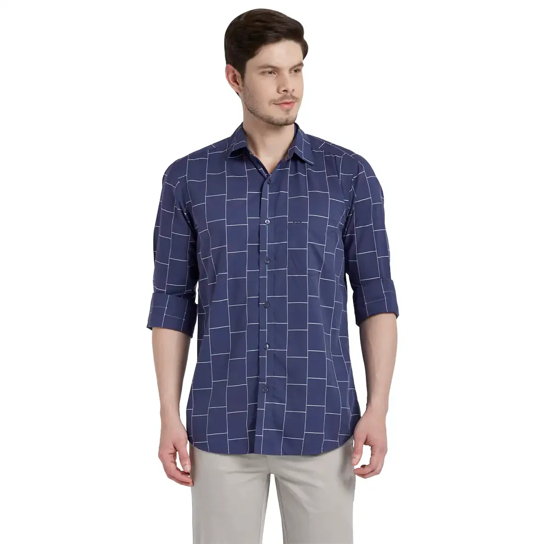 Men Navy Tailored Fit Checks Cotton Full Sleeve Shirts