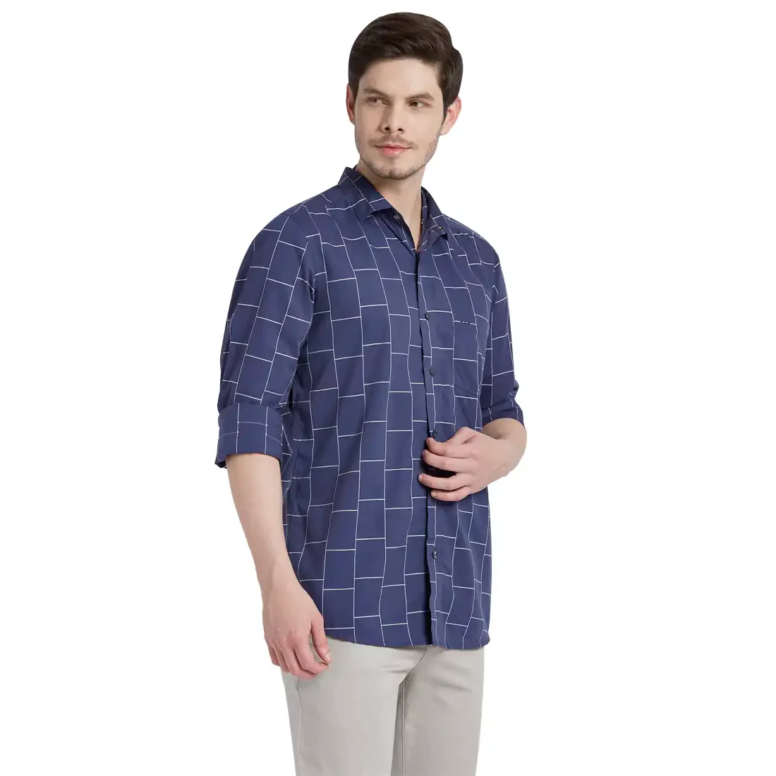 Men Navy Tailored Fit Checks Cotton Full Sleeve Shirts - Image 2