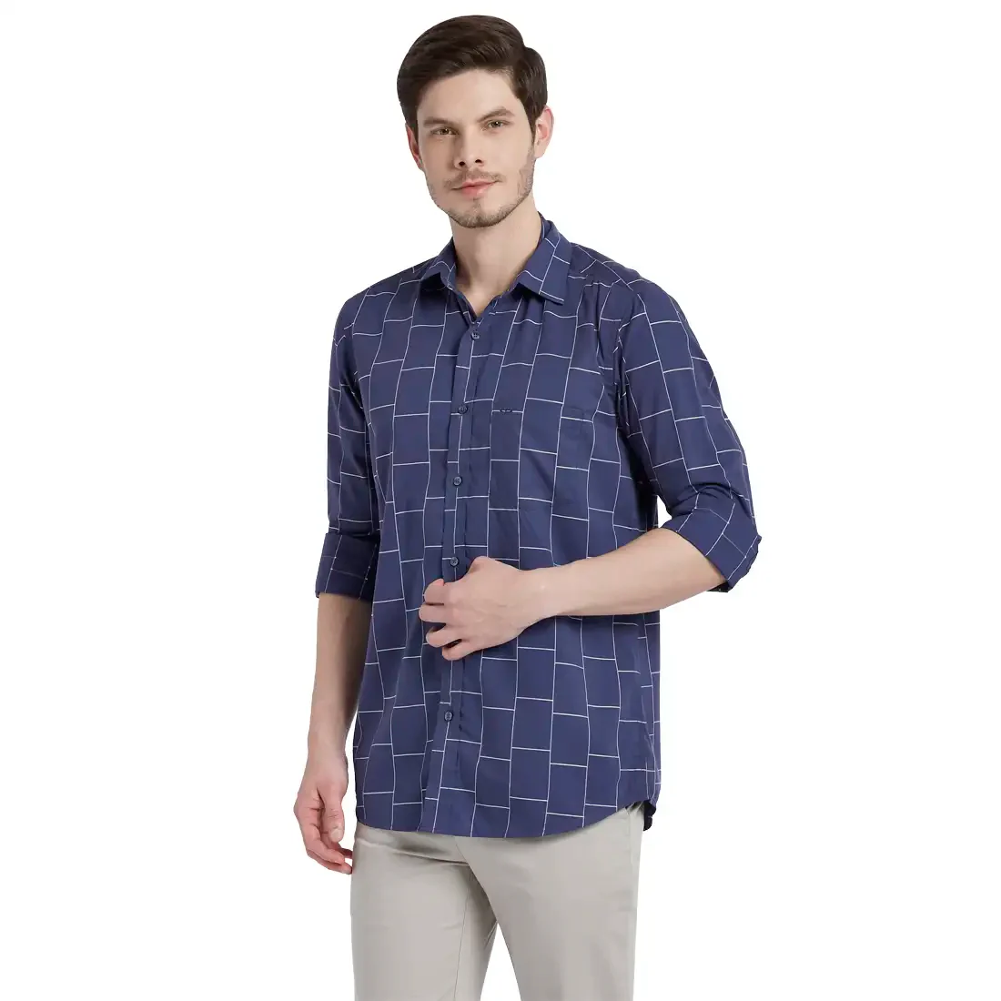 Men Navy Tailored Fit Checks Cotton Full Sleeve Shirts - Image 3