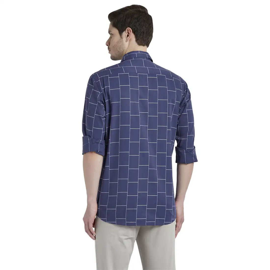 Men Navy Tailored Fit Checks Cotton Full Sleeve Shirts - Image 4