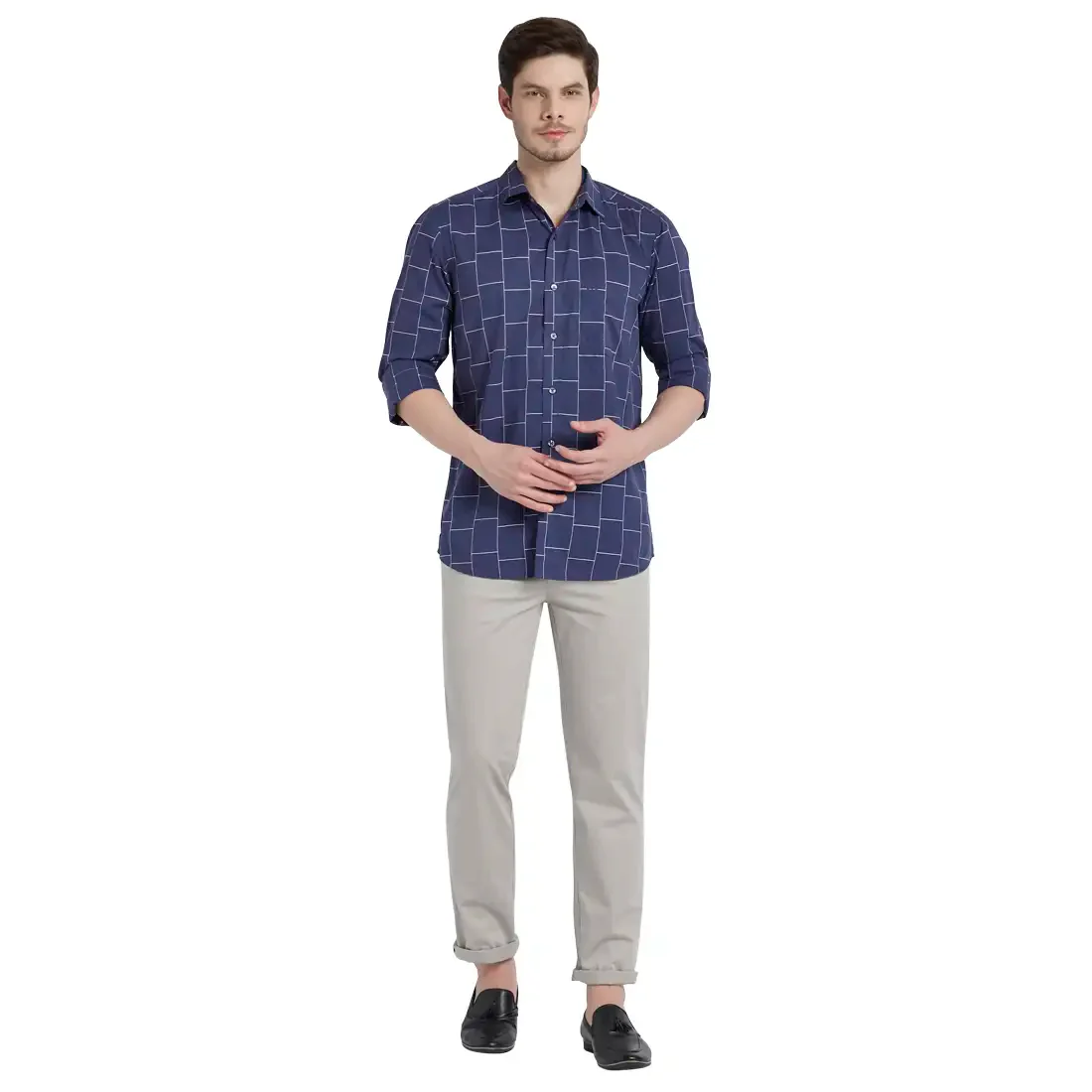 Men Navy Tailored Fit Checks Cotton Full Sleeve Shirts - Image 5