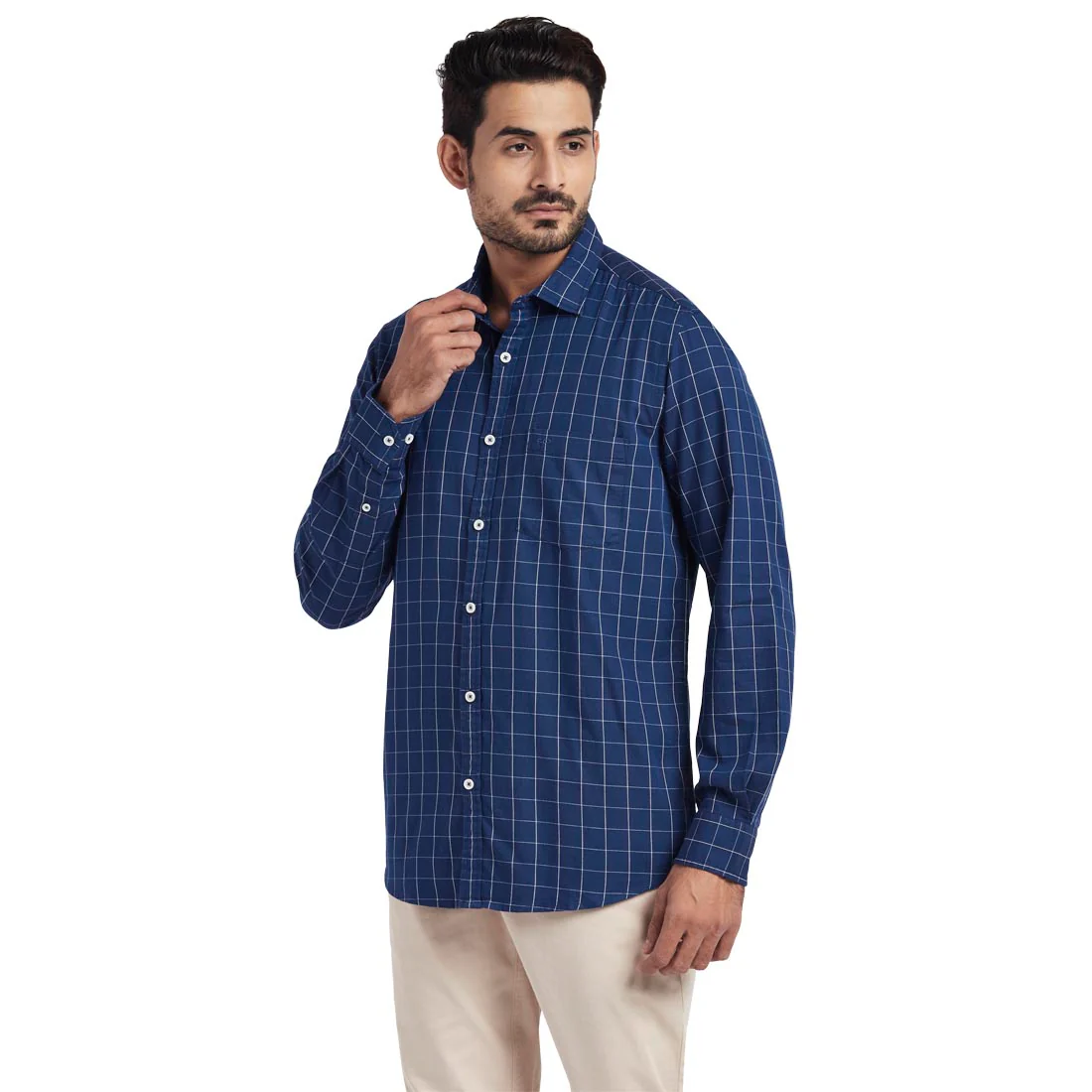 Men Navy Tailored Fit Checks Cotton Full Sleeve Shirts - Image 3