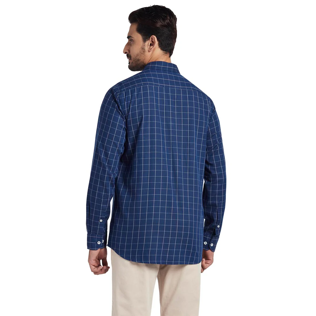 Men Navy Tailored Fit Checks Cotton Full Sleeve Shirts - Image 4