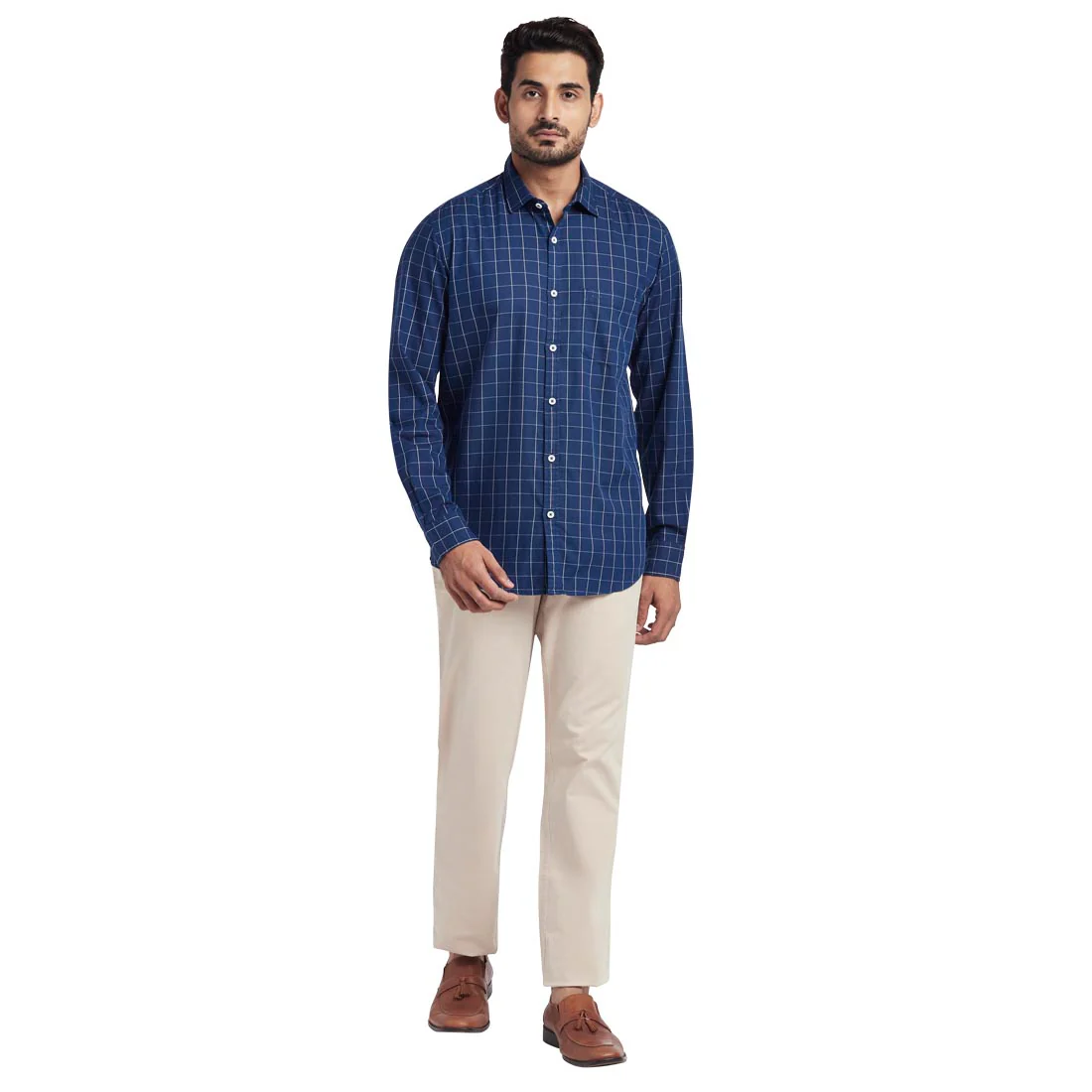Men Navy Tailored Fit Checks Cotton Full Sleeve Shirts - Image 5