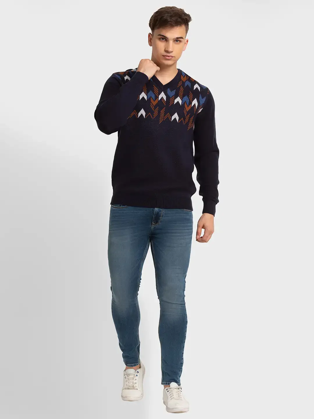 Men Navy Tailored Fit Jacquard Acrylic Merino Blend Full Sleeve V Neck Collar Sweaters - Image 5