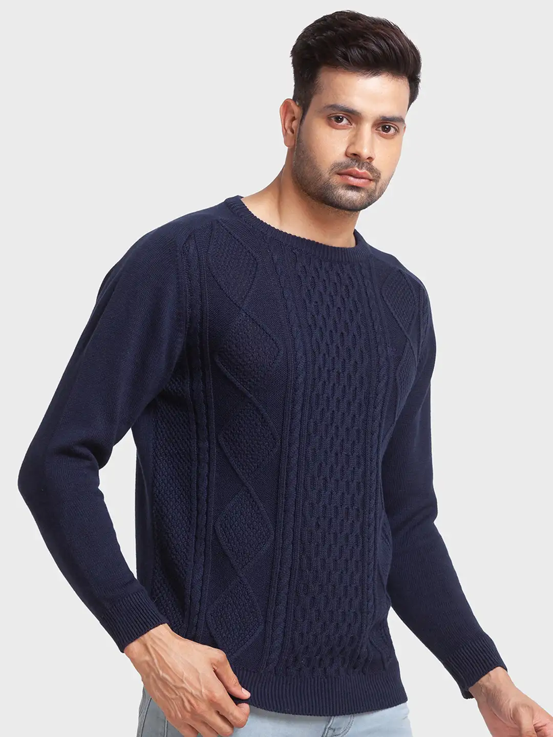 Men Navy Tailored Fit Jacquard Cotton Full Sleeve Round Collar Sweaters - Image 2