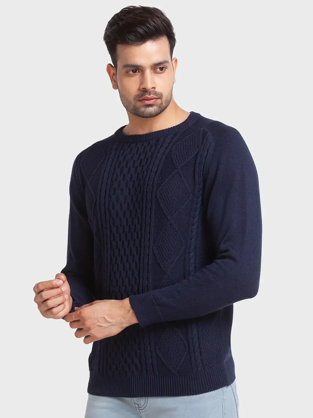 Men Navy Tailored Fit Jacquard Cotton Full Sleeve Round Collar Sweaters - Image 3